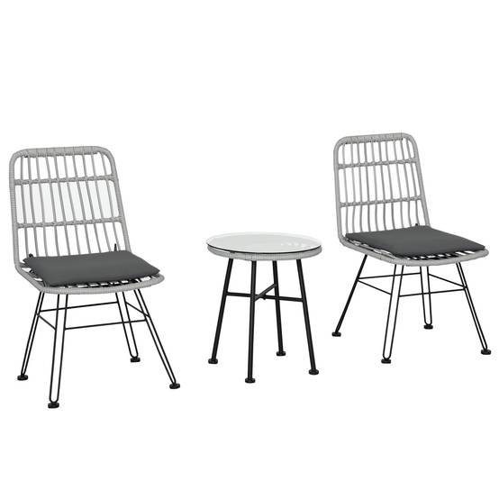 Ensemble table et chaises jardin 3 pcs rotin PE et acier, bistrot, table verre, 2 chaises, gris - Image 1