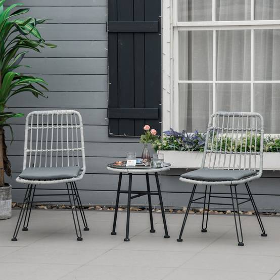 Ensemble table et chaises jardin 3 pcs rotin PE et acier, bistrot, table verre, 2 chaises, gris - Image 4