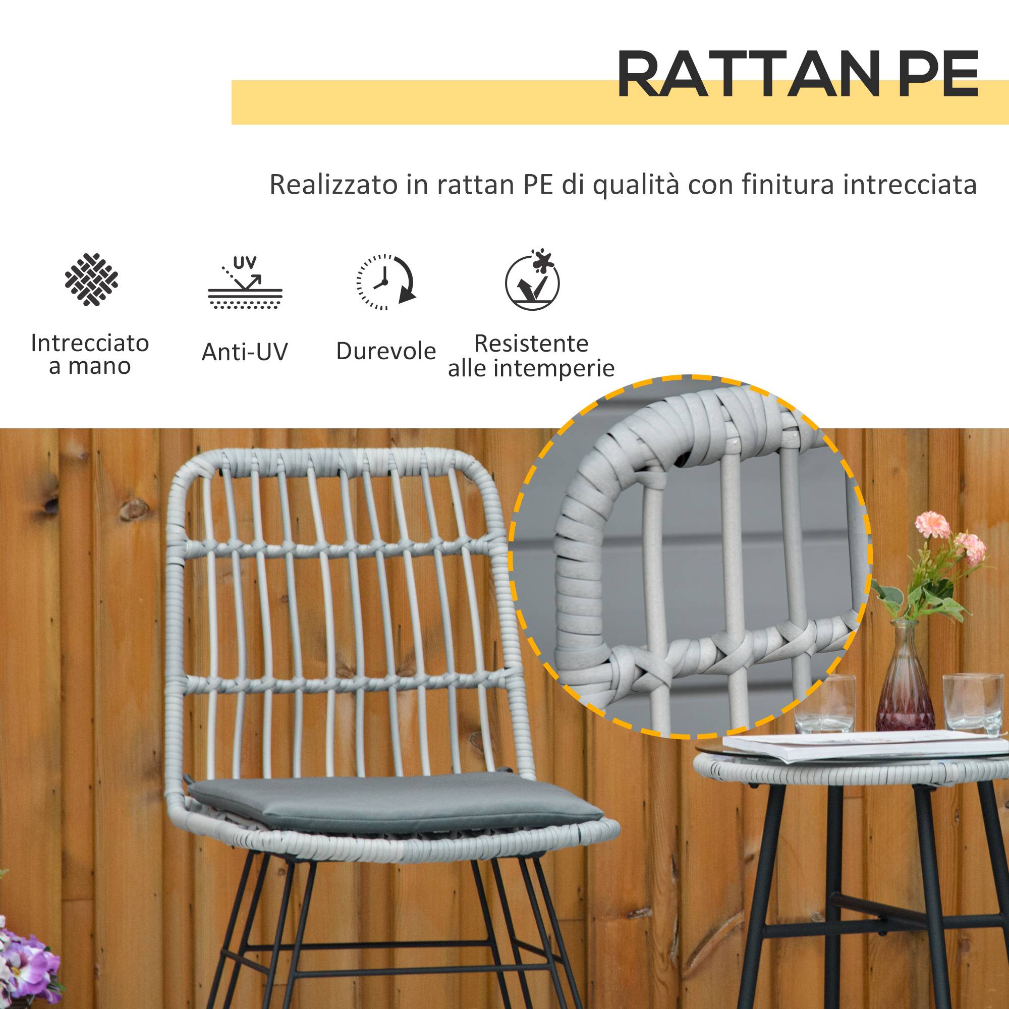 Ensemble table et chaises jardin 3 pcs rotin PE et acier, bistrot, table verre, 2 chaises, gris - Image 6