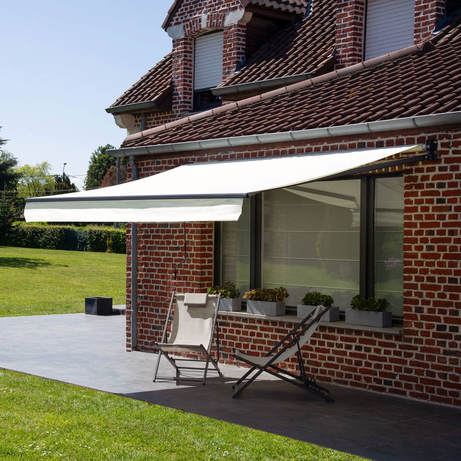 Store banne SAULE 3,95 × 3m - Toile beige et structure grise - HAPPY GARDEN - Image 5