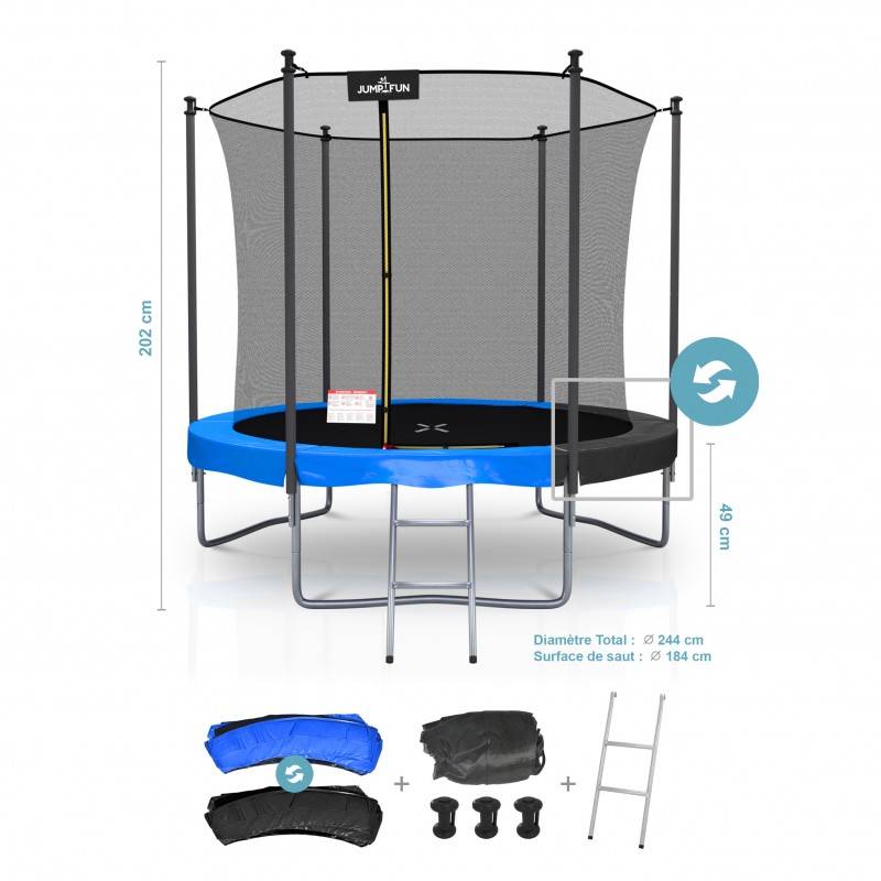 Trampoline extérieur Classique ø 244 cm- 8FT- Filet intérieur, Matelas de protection réversible et Echelle JUMP4FUN - Imagen 2