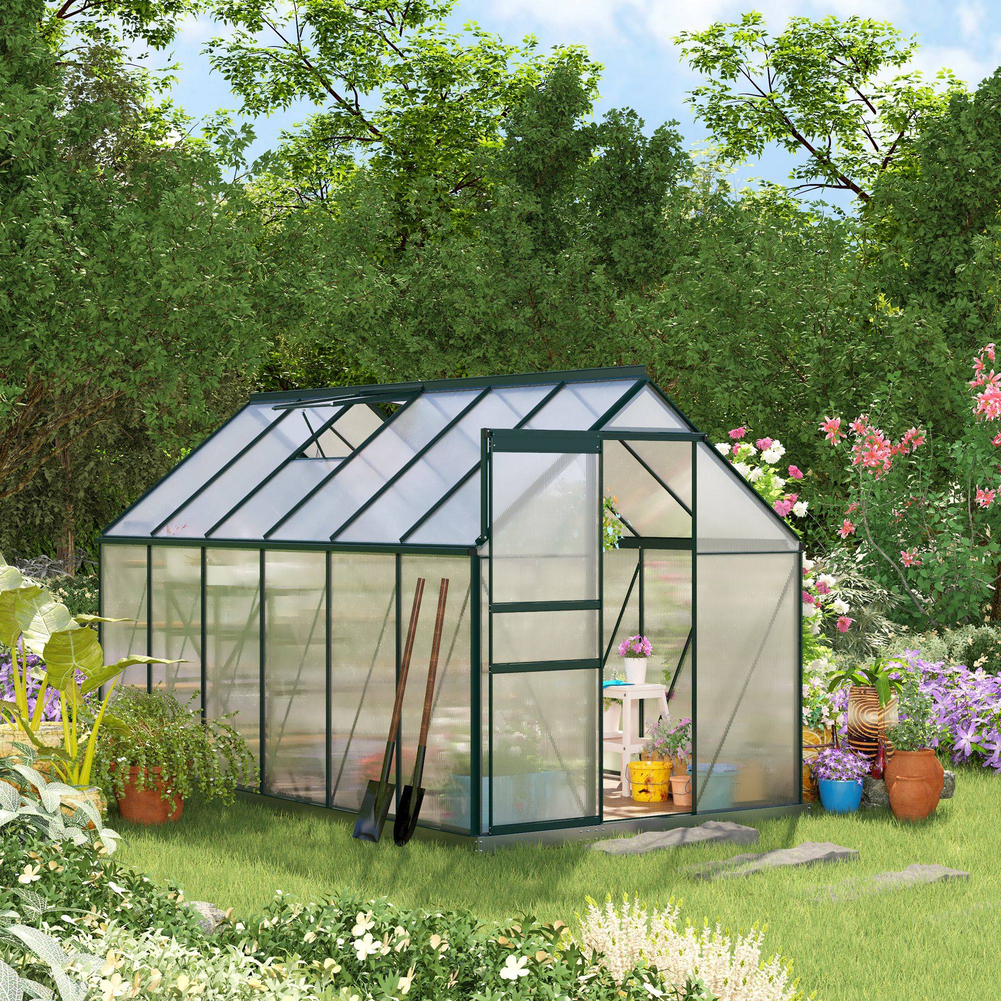 Sans Marque - Serre de jardin en polycarbonate 190 x 375 x 199 cm, avec fenêtre ouvrante et porte coulissante, structure en aluminium, verte - Image 4