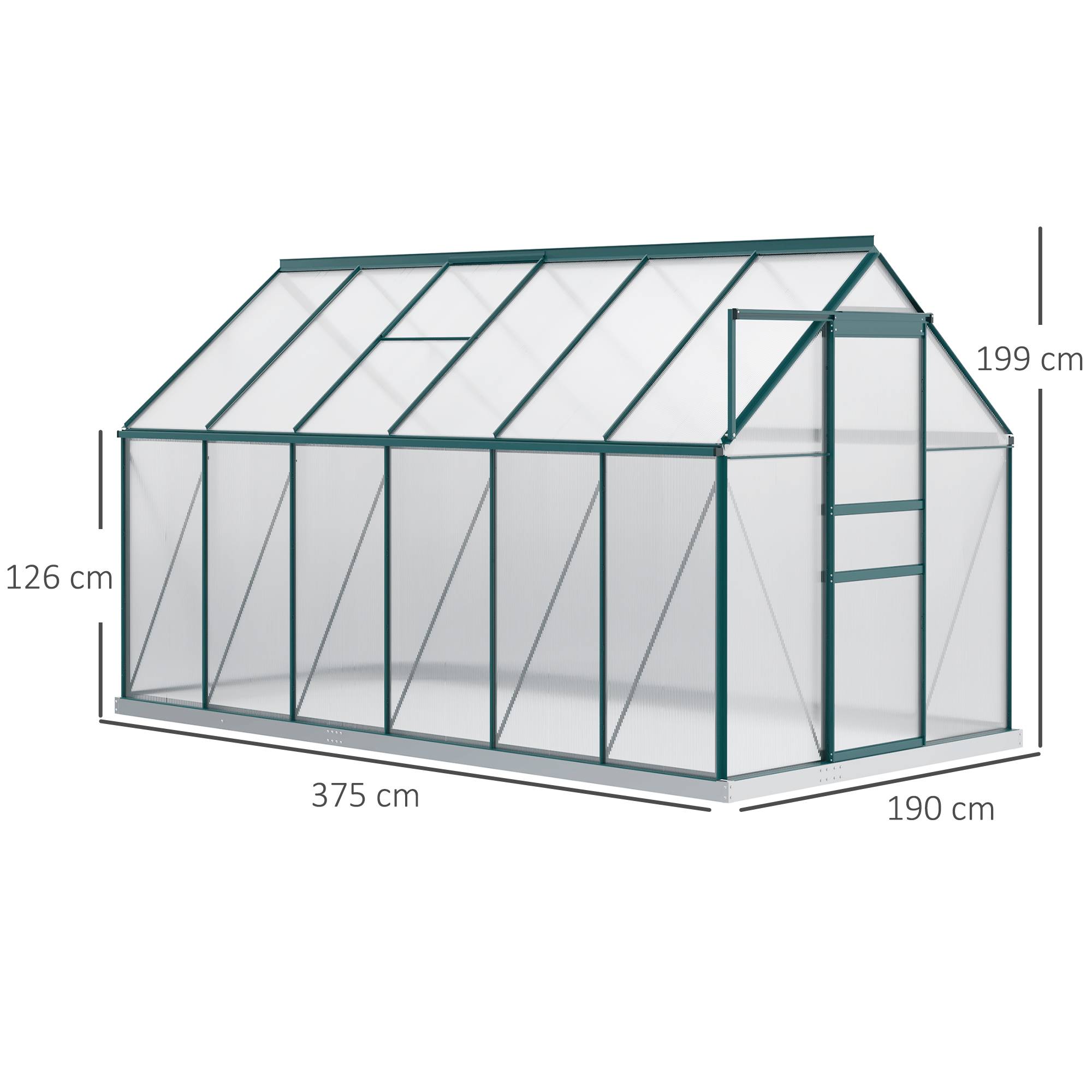 Sans Marque - Serre de jardin en polycarbonate 190 x 375 x 199 cm, avec fenêtre ouvrante et porte coulissante, structure en aluminium, verte - Image 5