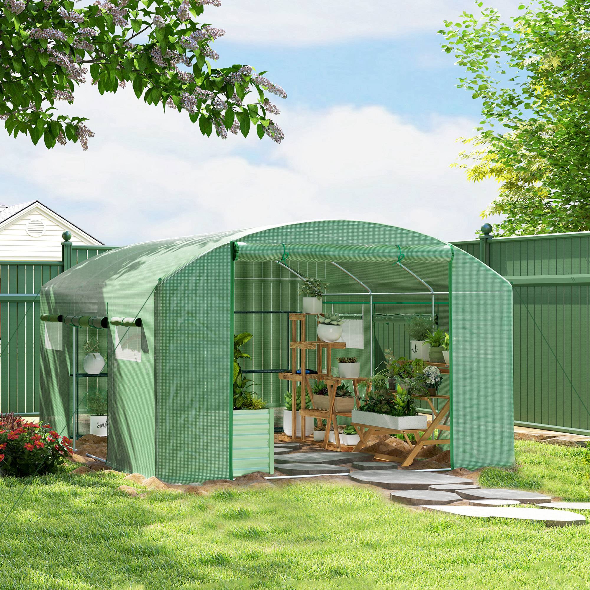 Grande Serre Tunnel Acier Galvanisé 12m² pour Potager 3 Portes 6 Fenêtres 4x3x2 m Vert - ComfortXL Outdoor Living - Image 3