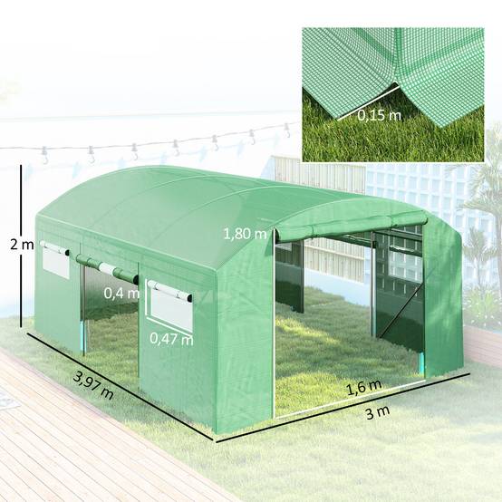 Grande Serre Tunnel Acier Galvanisé 12m² pour Potager 3 Portes 6 Fenêtres 4x3x2 m Vert - ComfortXL Outdoor Living - Image 5