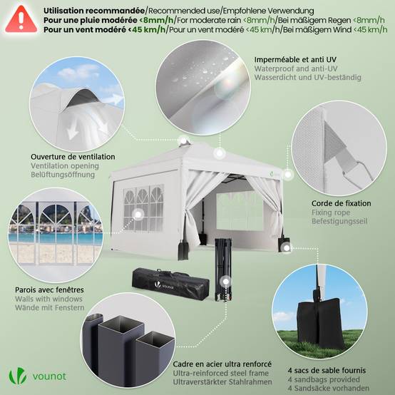 VOUNOT® Tonnelle de jardin 3x3m pliable installation facile POP UP avec portes et fenêtres - Imperméable et anti-UV - Blanc - Image 5