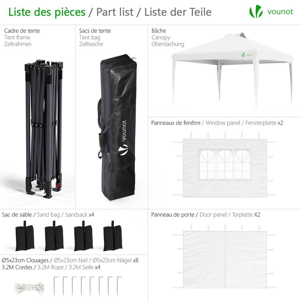 VOUNOT® Tonnelle de jardin 3x3m pliable installation facile POP UP avec portes et fenêtres - Imperméable et anti-UV - Blanc - Image 2