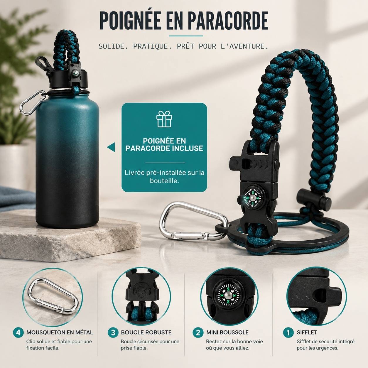 Bouteille Isotherme 2L Acier Inoxydable 3 Bouchons Paille Poignée Compas Accessoires Complets - Image 4