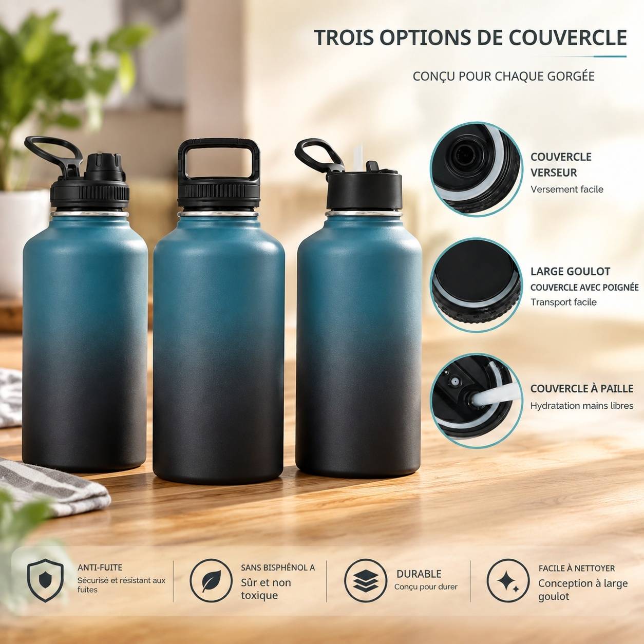 Bouteille Isotherme 2L Acier Inoxydable 3 Bouchons Paille Poignée Compas Accessoires Complets - Image 3