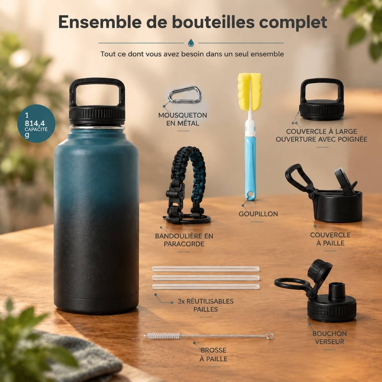 Bouteille Isotherme 2L Acier Inoxydable 3 Bouchons Paille Poignée Compas Accessoires Complets - Image 5