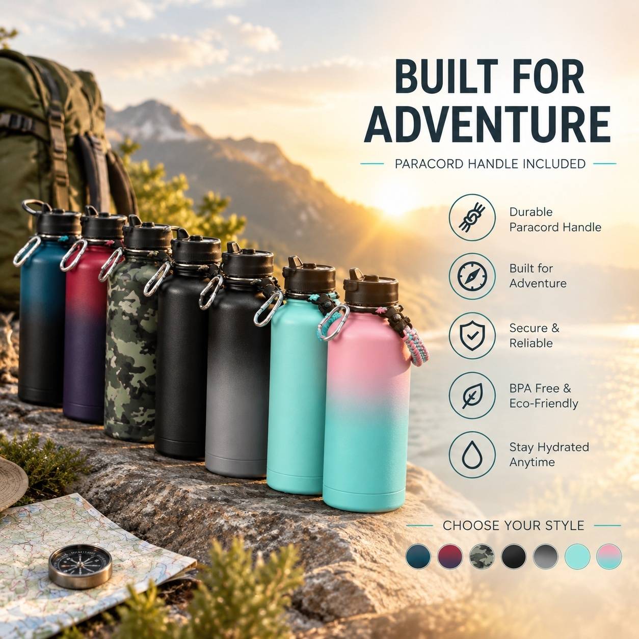 Bouteille Isotherme 2L Acier Inoxydable 3 Bouchons Paille Poignée Compas Accessoires Complets - Image 7