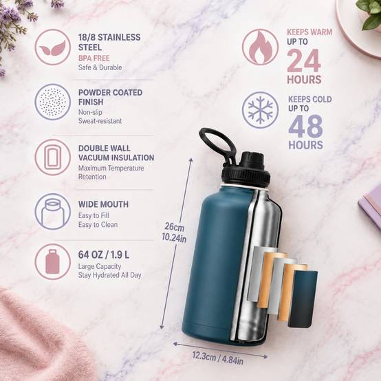 Bouteille Isotherme 2L Acier Inoxydable 3 Bouchons Paille Poignée Compas Accessoires Complets - Image 2
