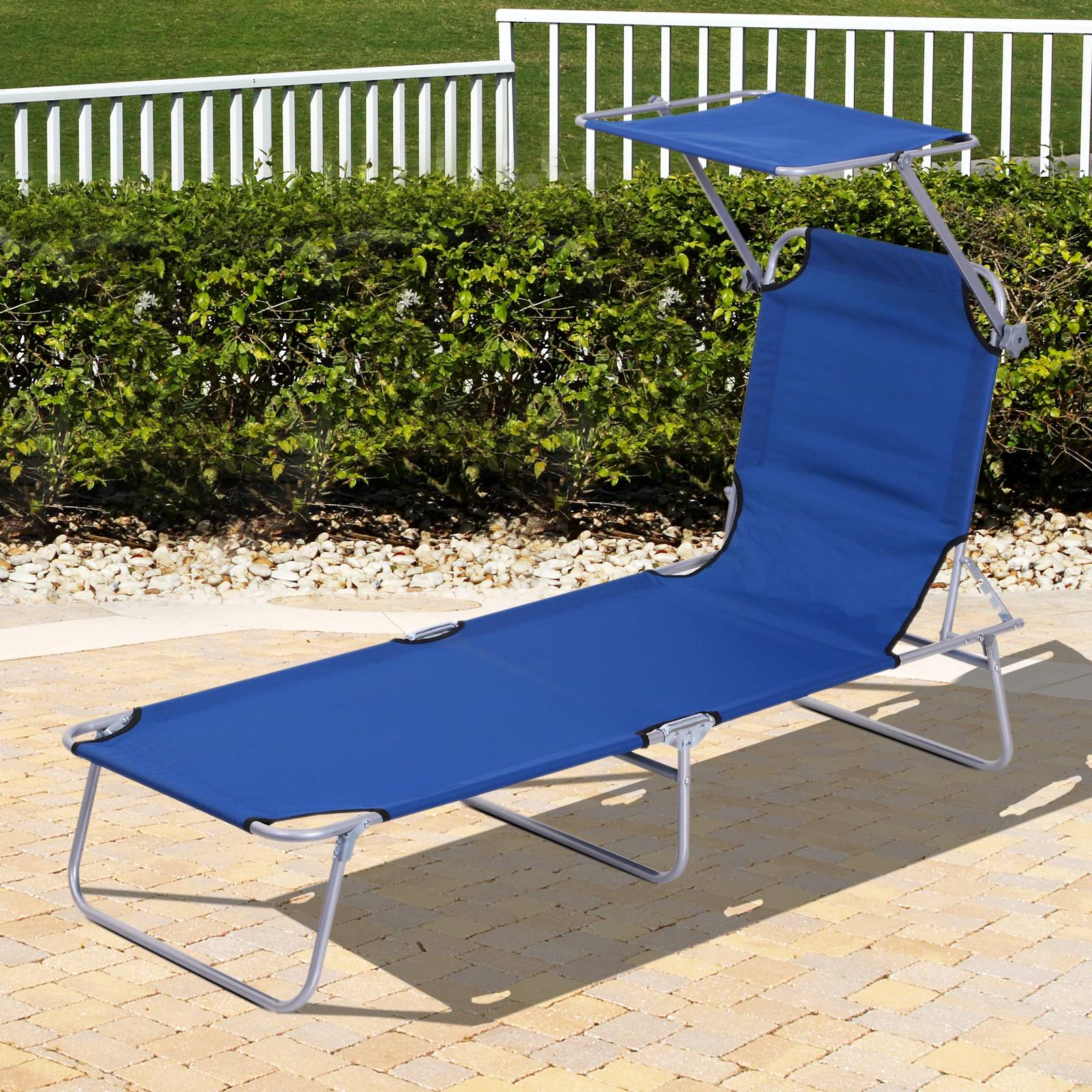 Outsunny - Transat Bain de Soleil Chaise Longue Pliante 187x58x36cm Dossier Inclinable Multi-positions Pare-Soleil Réglable bleu - Outsunny - Image 2
