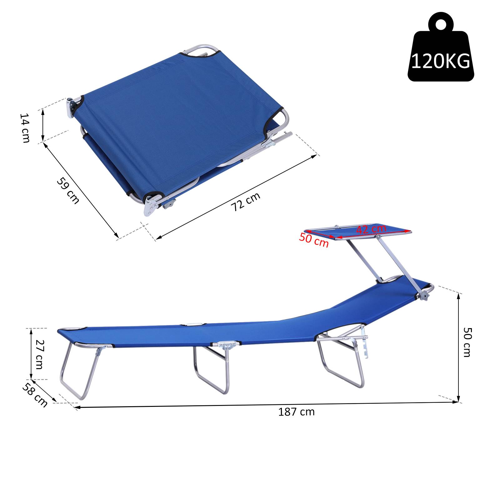 Outsunny - Transat Bain de Soleil Chaise Longue Pliante 187x58x36cm Dossier Inclinable Multi-positions Pare-Soleil Réglable bleu - Outsunny - Image 3