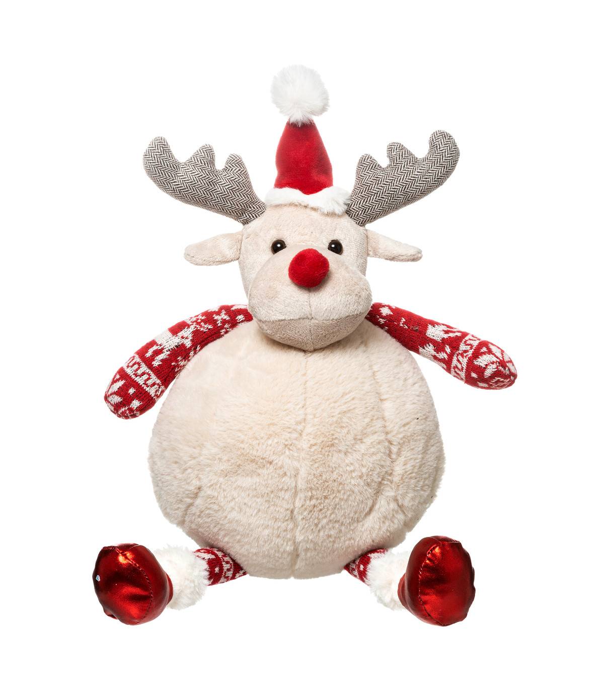 Fééric Lights & Christmas - Déco de Noël Peluche décorative Renne avec bonnet de Noël H 40 cm