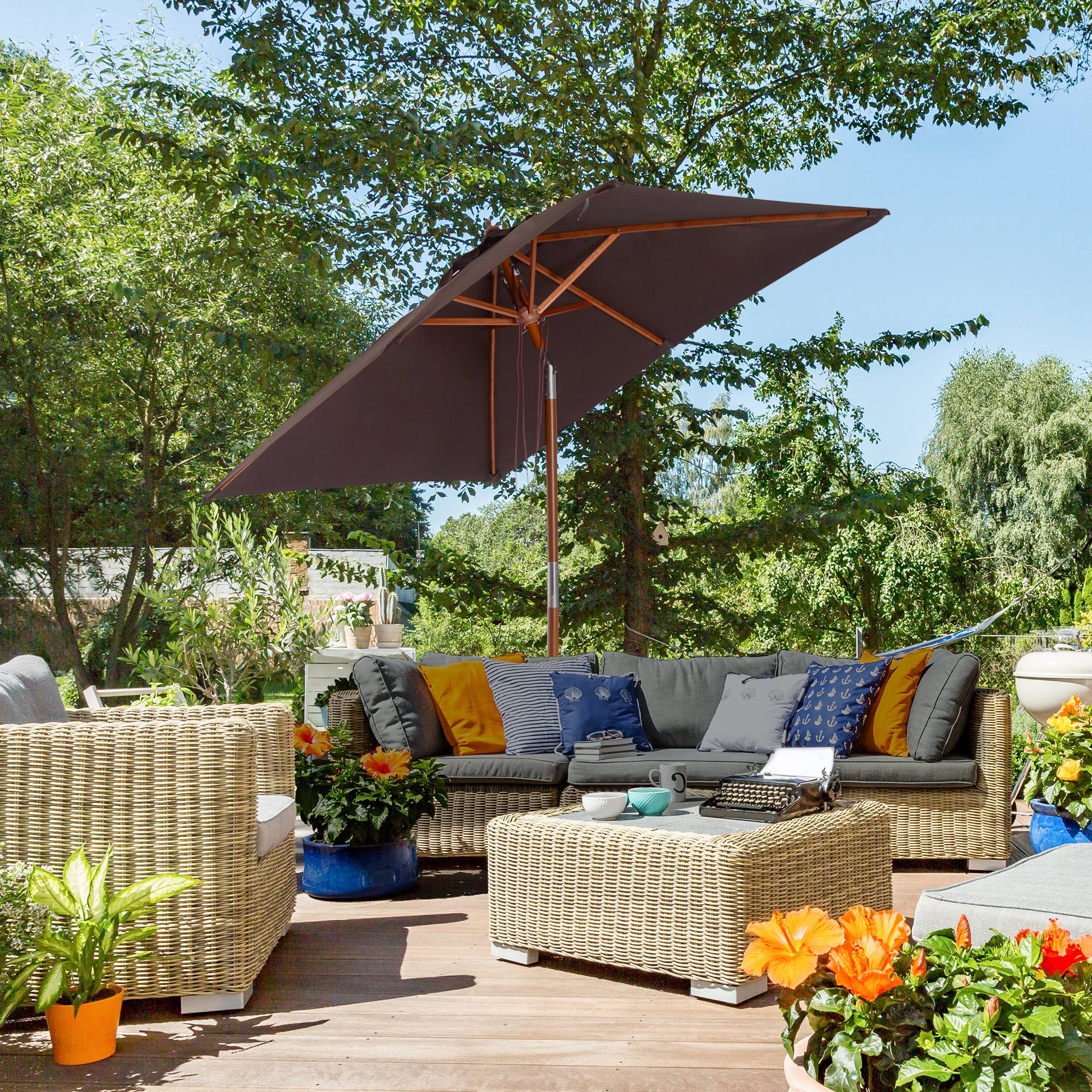 ComfortXL - Parasol rectangulaire bois pour jardin et terrasse inclinable 2x1.5m café - ComfortXL Outdoor Living - Image 4