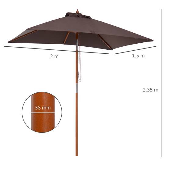ComfortXL - Parasol rectangulaire bois pour jardin et terrasse inclinable 2x1.5m café - ComfortXL Outdoor Living - Image 5