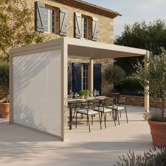 Oviala - Pergola bioclimatique autoportée 3x4m et 1 store bois crème Athenes - Oviala - Image 1