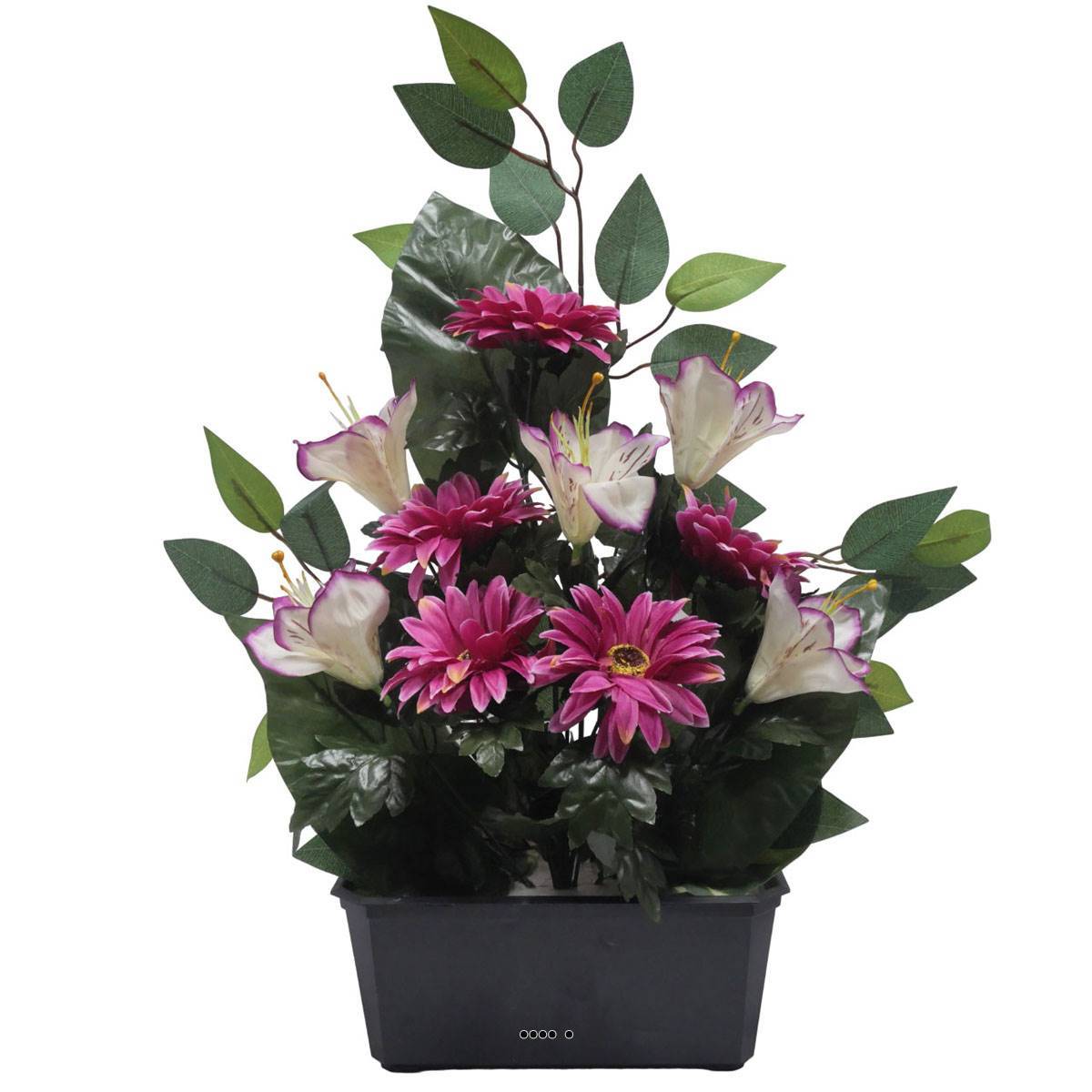 Artificielles - Jardinière fleurs artificielles gerbera, Alstromeria et Ficus Pourpre pour la Toussaint - couleur: Pourpre - Imagen 2