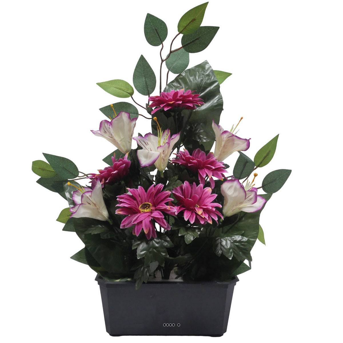 Artificielles - Jardinière fleurs artificielles gerbera, Alstromeria et Ficus Pourpre pour la Toussaint - couleur: Pourpre - Imagen 1