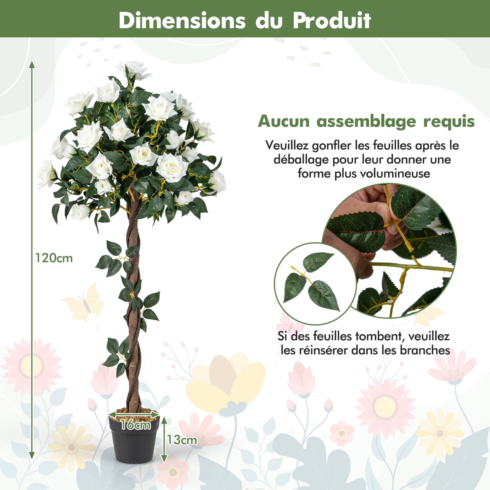 Plante Artificielle de 120 cm en Pot, Fausse Rosier à Fleurs avec Pot de Pépinière Roses Blanches, Arbre à Fleurs Artificiel Décoration Moderne - Image 4