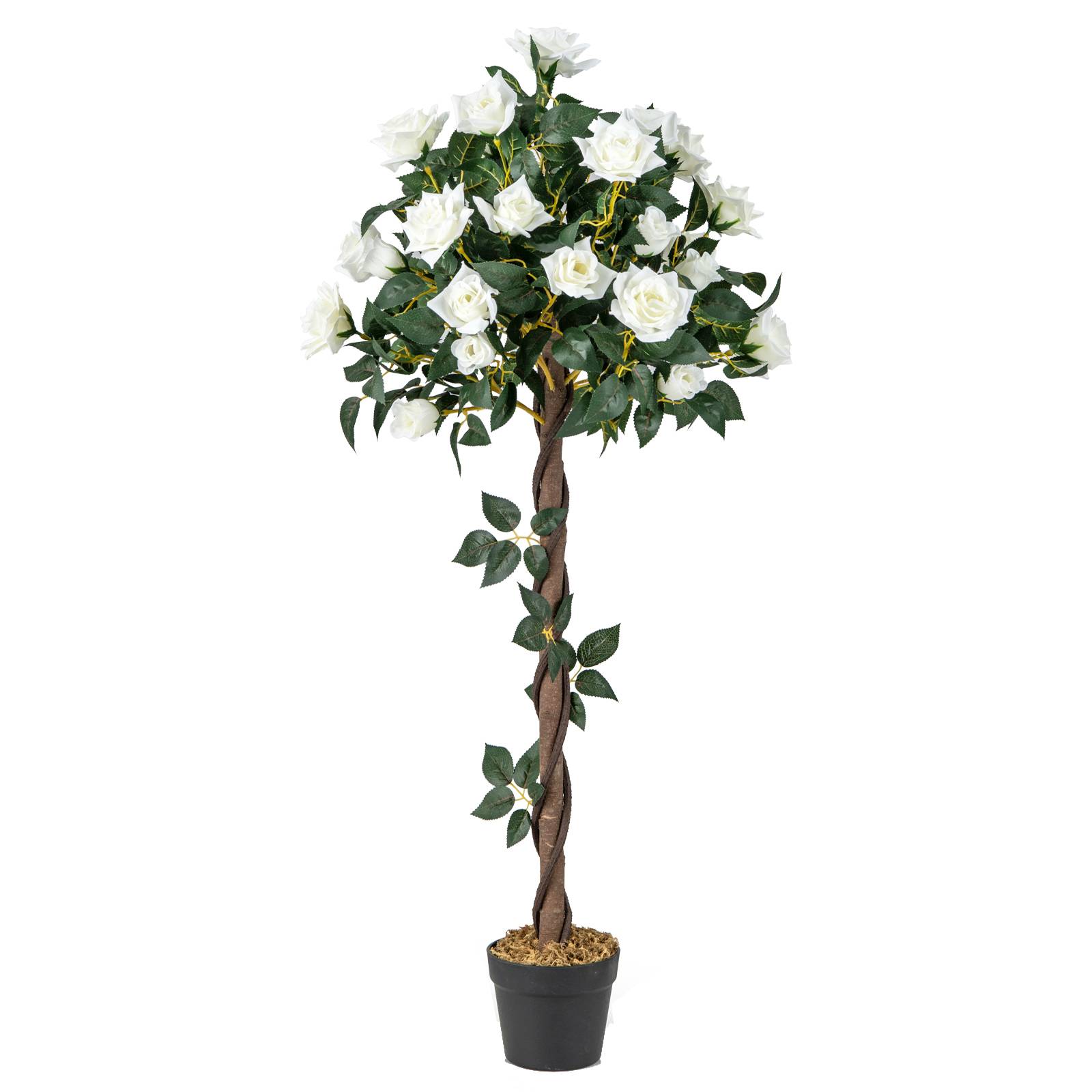 Plante Artificielle de 120 cm en Pot, Fausse Rosier à Fleurs avec Pot de Pépinière Roses Blanches, Arbre à Fleurs Artificiel Décoration Moderne - Image 1