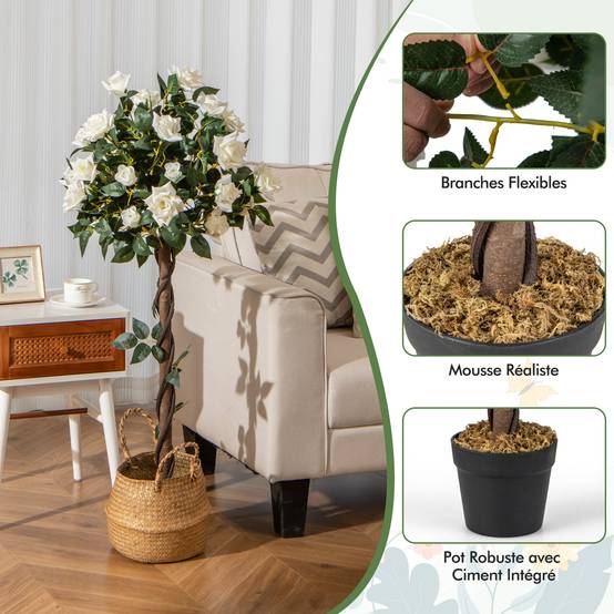 Plante Artificielle de 120 cm en Pot, Fausse Rosier à Fleurs avec Pot de Pépinière Roses Blanches, Arbre à Fleurs Artificiel Décoration Moderne - Image 5