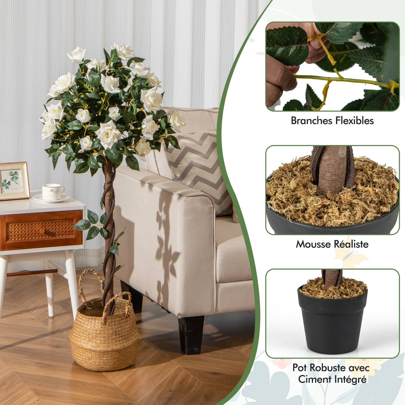 Plante Artificielle de 120 cm en Pot, Fausse Rosier à Fleurs avec Pot de Pépinière Roses Blanches, Arbre à Fleurs Artificiel Décoration Moderne - Image 5
