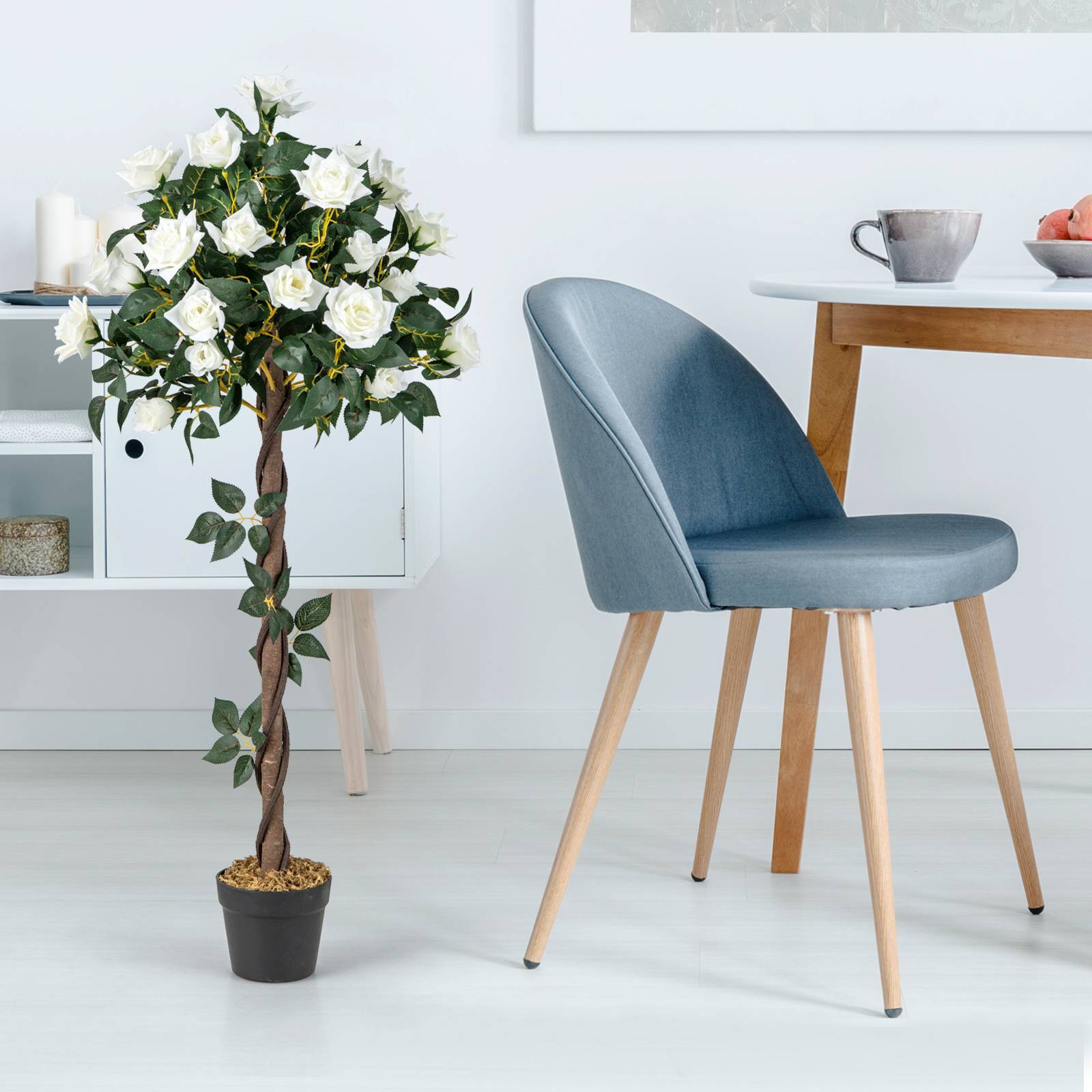 Plante Artificielle de 120 cm en Pot, Fausse Rosier à Fleurs avec Pot de Pépinière Roses Blanches, Arbre à Fleurs Artificiel Décoration Moderne - Image 2