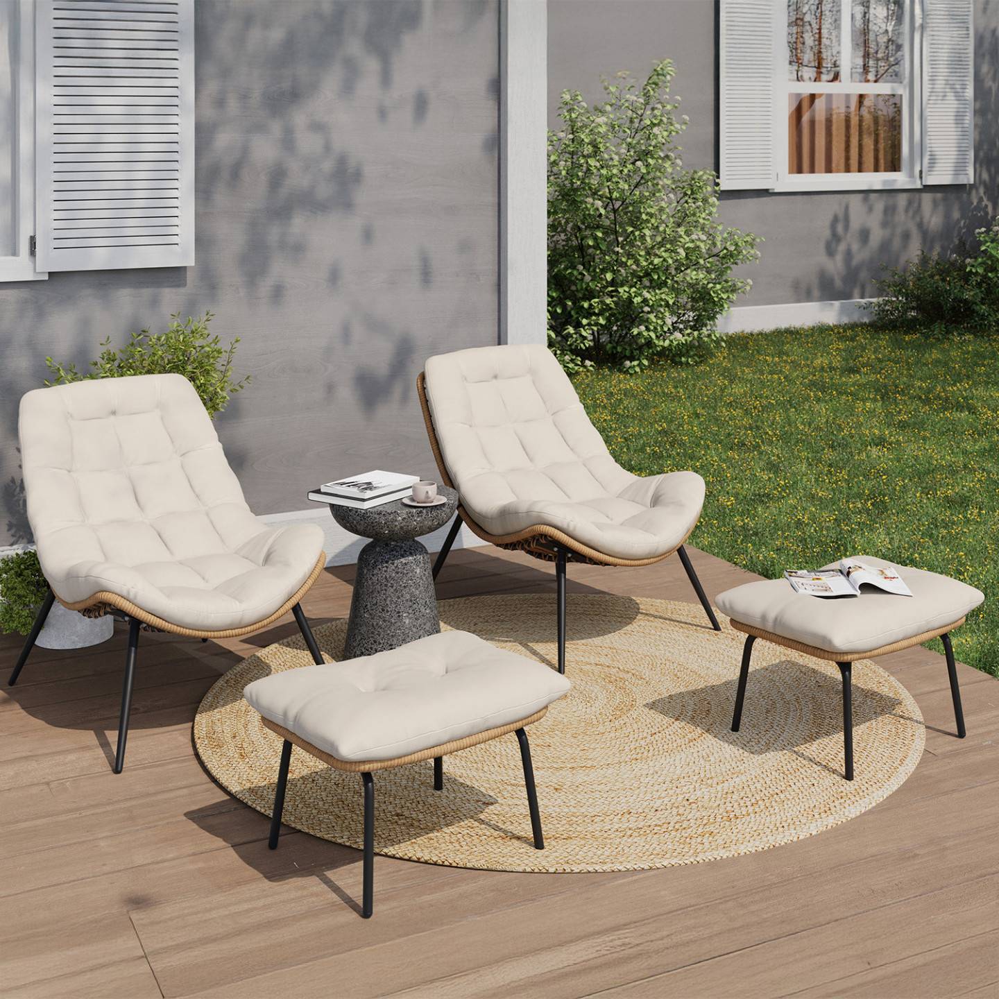 Lot de 2 fauteuils de jardin relax LOA effet rotin avec coussins écrus et repose-pieds - Image 1