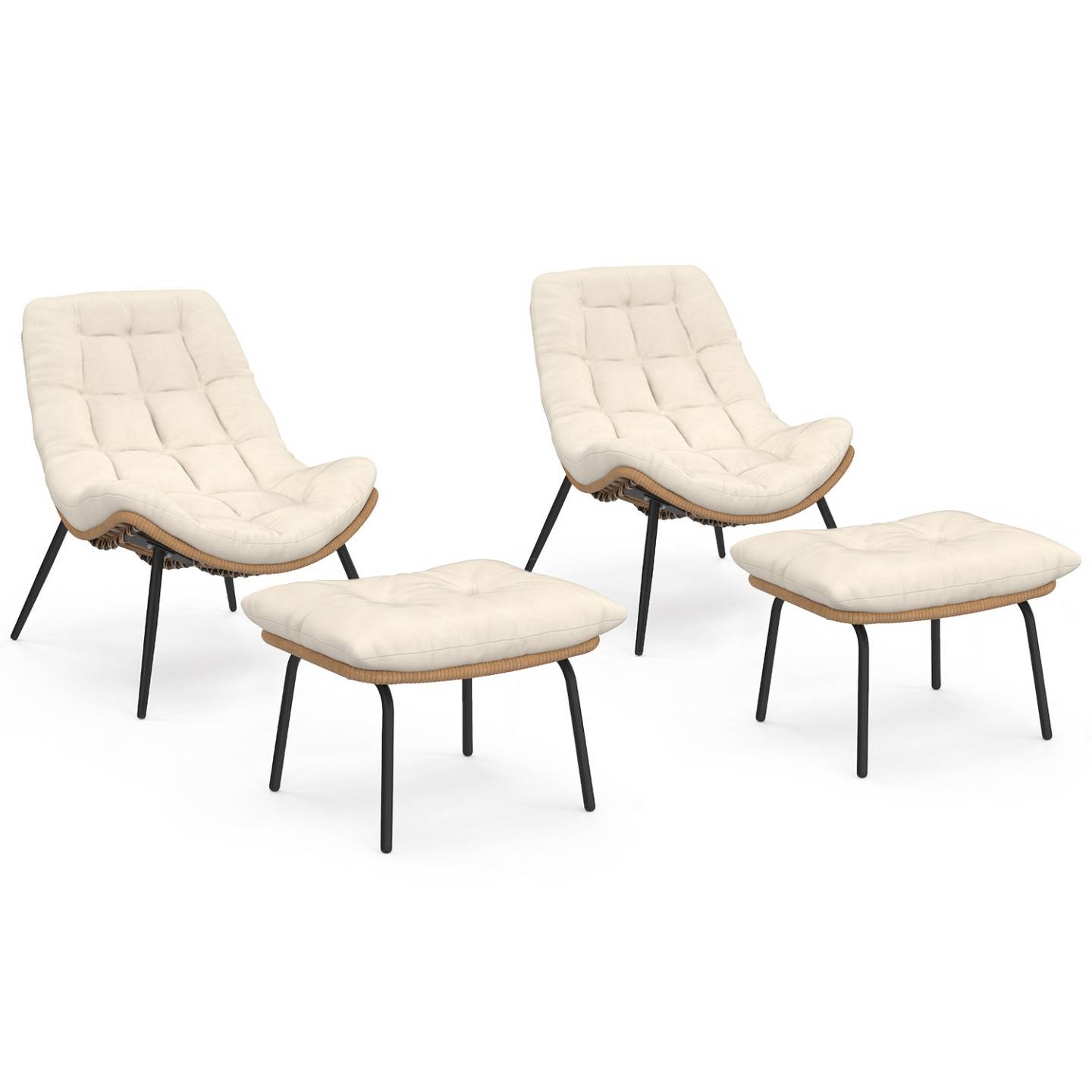 Lot de 2 fauteuils de jardin relax LOA effet rotin avec coussins écrus et repose-pieds - Image 2