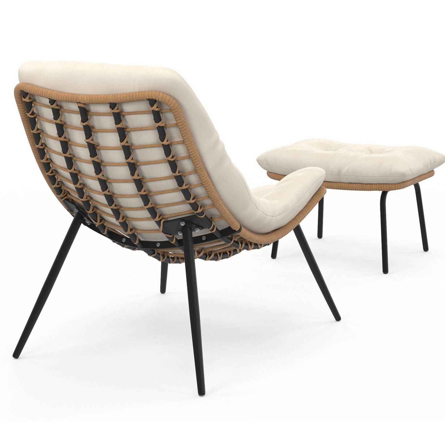 Lot de 2 fauteuils de jardin relax LOA effet rotin avec coussins écrus et repose-pieds - Image 4