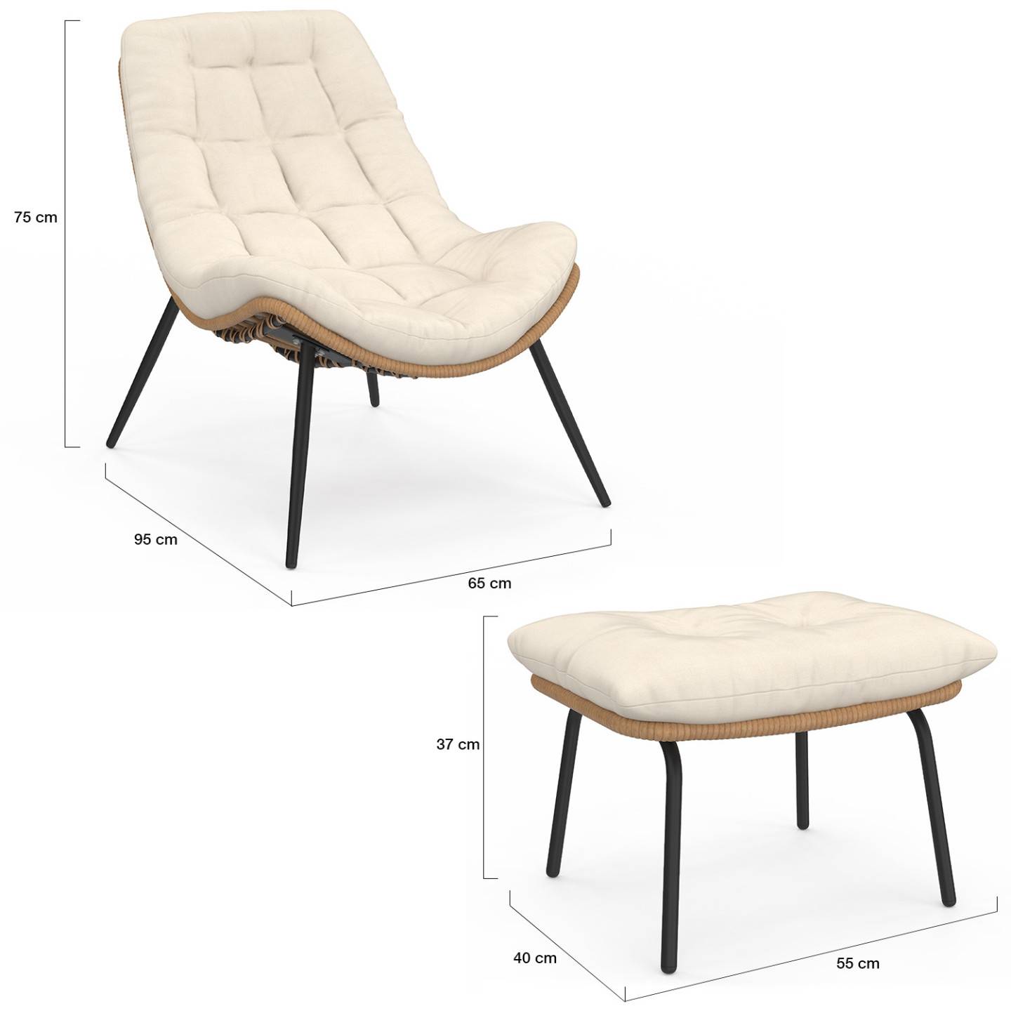 Lot de 2 fauteuils de jardin relax LOA effet rotin avec coussins écrus et repose-pieds - Image 5