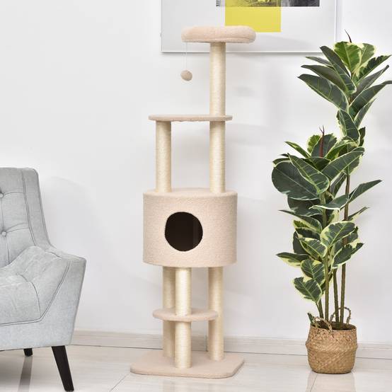 Arbre à chat à griffer, hauteur 148 cm, avec poteaux en sisal, plateformes, maisonnette et balle suspendue, beige - Image 3
