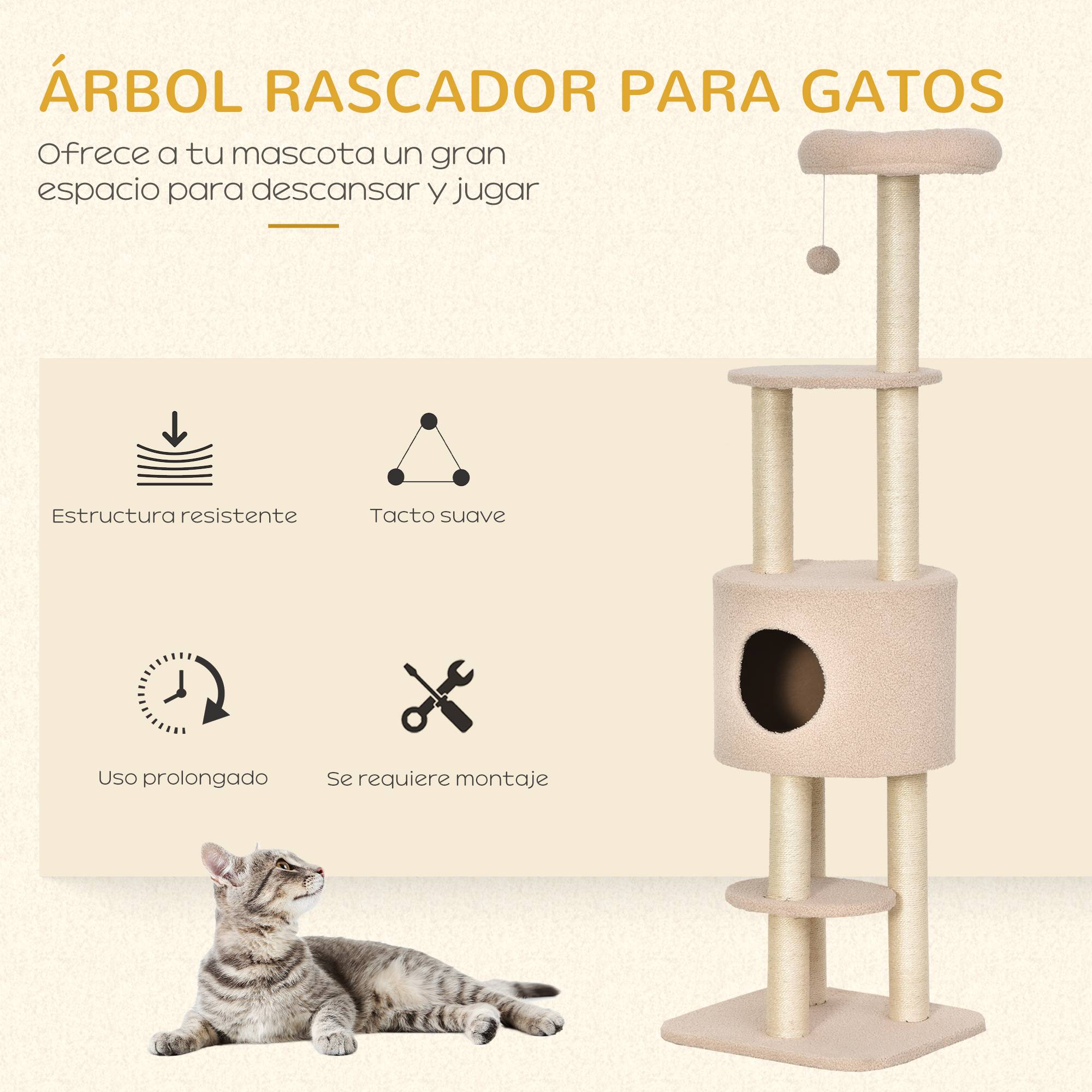Arbre à chat à griffer, hauteur 148 cm, avec poteaux en sisal, plateformes, maisonnette et balle suspendue, beige - Image 6