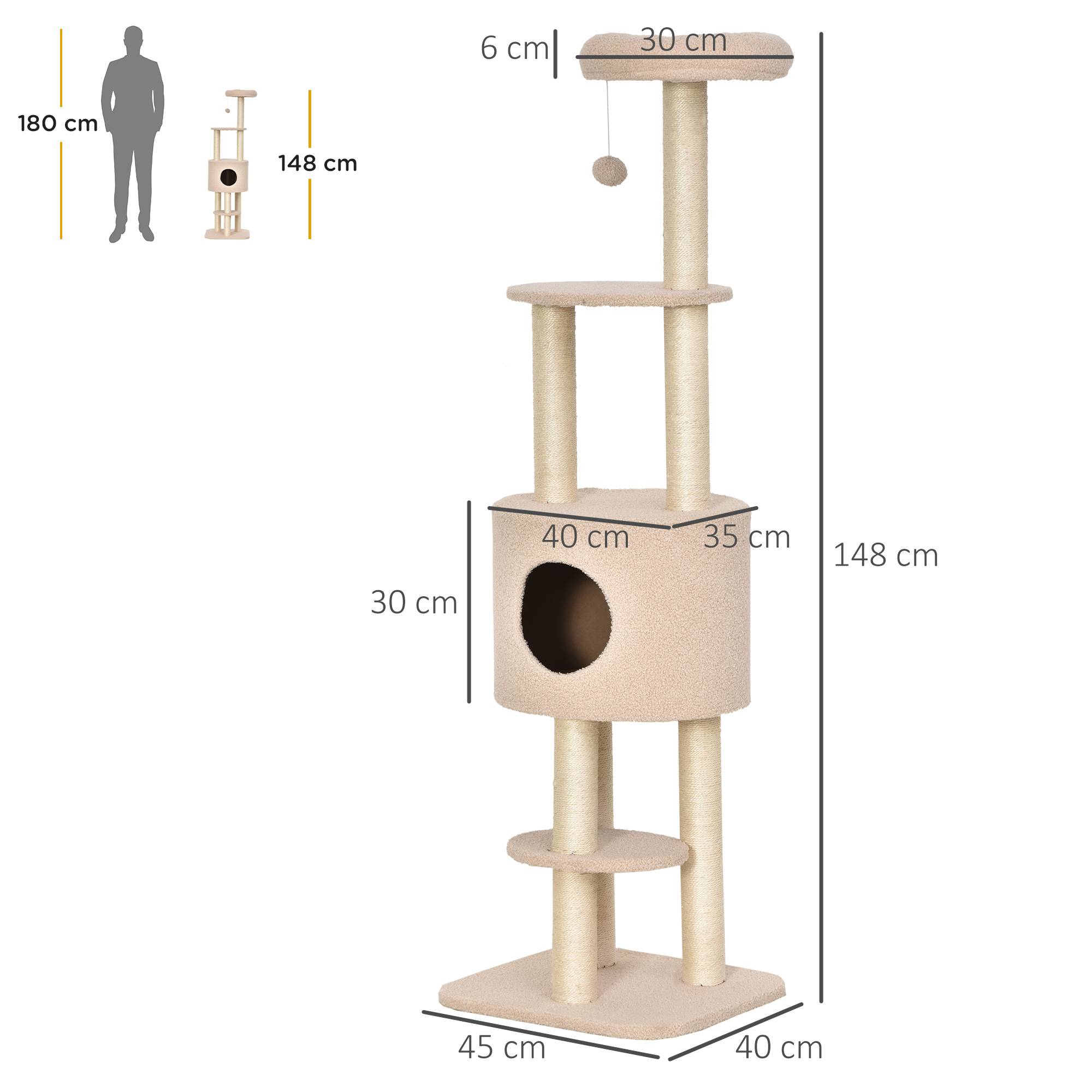 Arbre à chat à griffer, hauteur 148 cm, avec poteaux en sisal, plateformes, maisonnette et balle suspendue, beige - Image 5