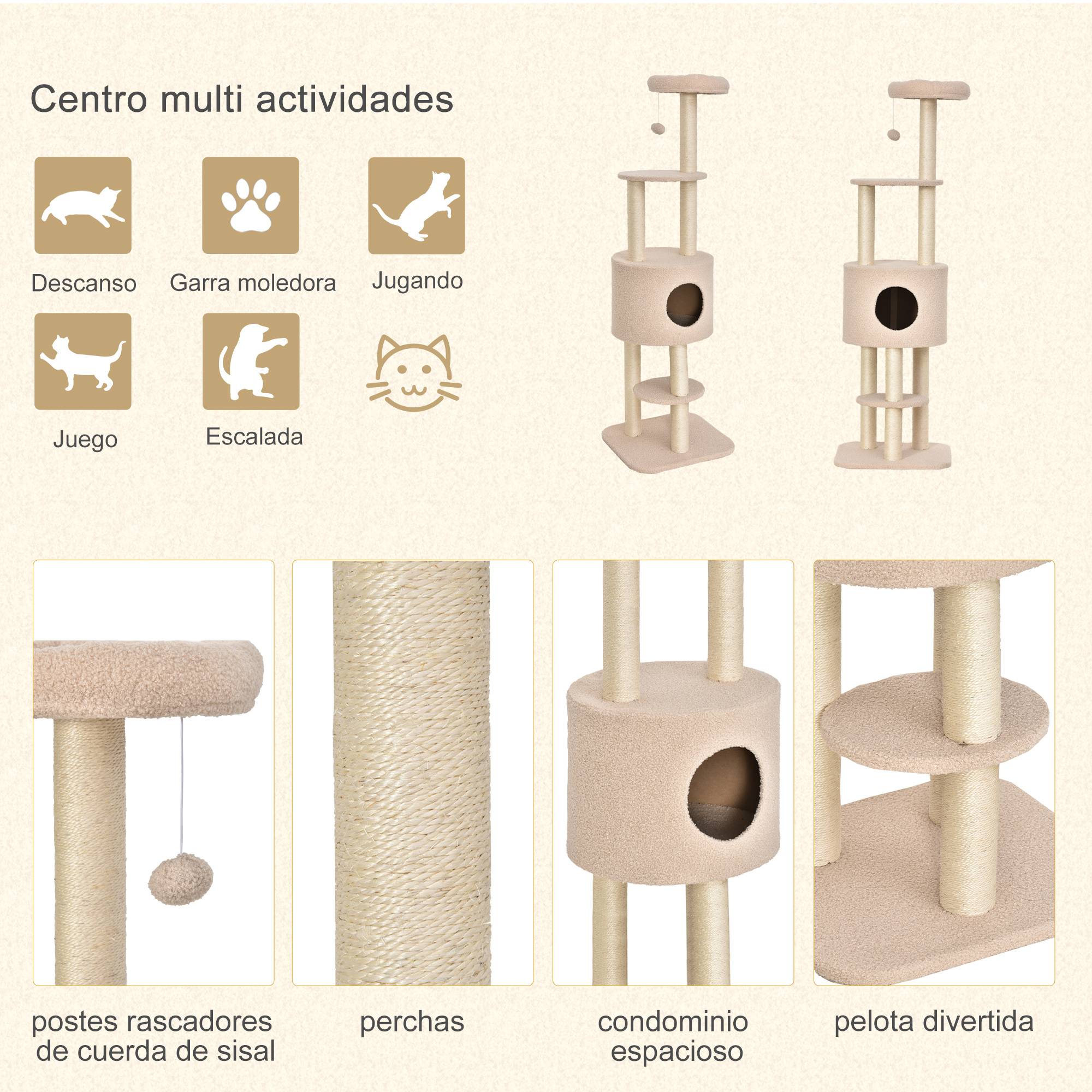 Arbre à chat à griffer, hauteur 148 cm, avec poteaux en sisal, plateformes, maisonnette et balle suspendue, beige - Image 7