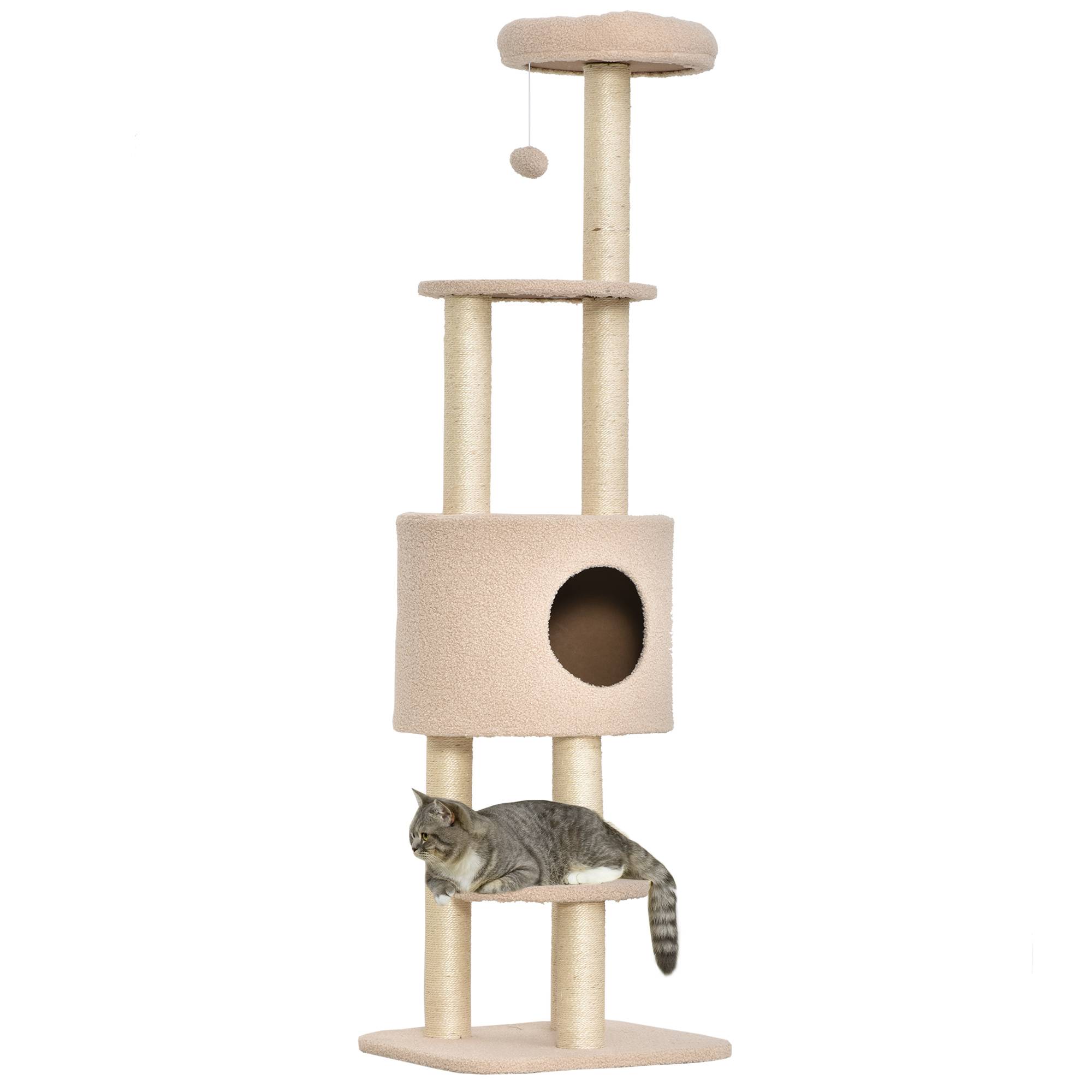 Arbre à chat à griffer, hauteur 148 cm, avec poteaux en sisal, plateformes, maisonnette et balle suspendue, beige - Image 1