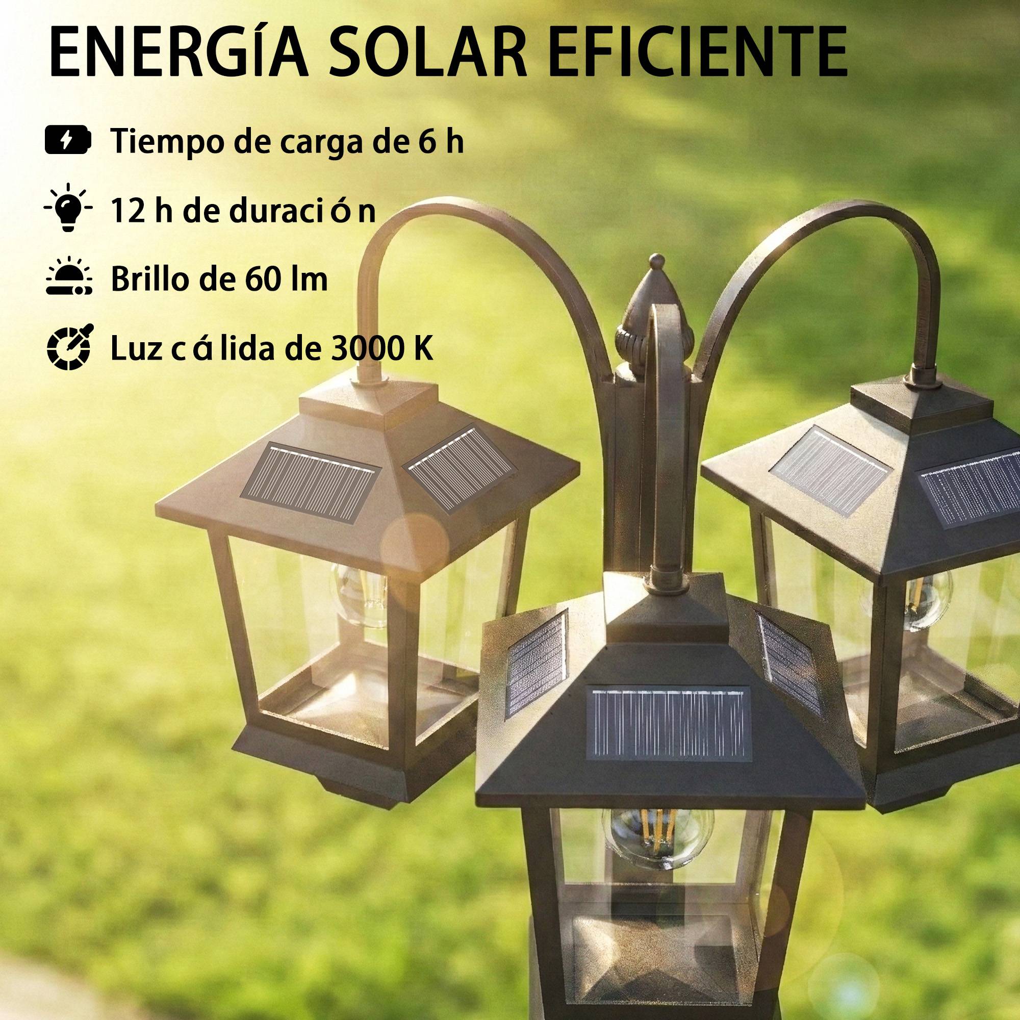 Lampadaire solaire extérieur en aluminium, 3 têtes, allumage/extinction automatique, IP44, 40 x 34,5 x 188 cm, noir - Image 6