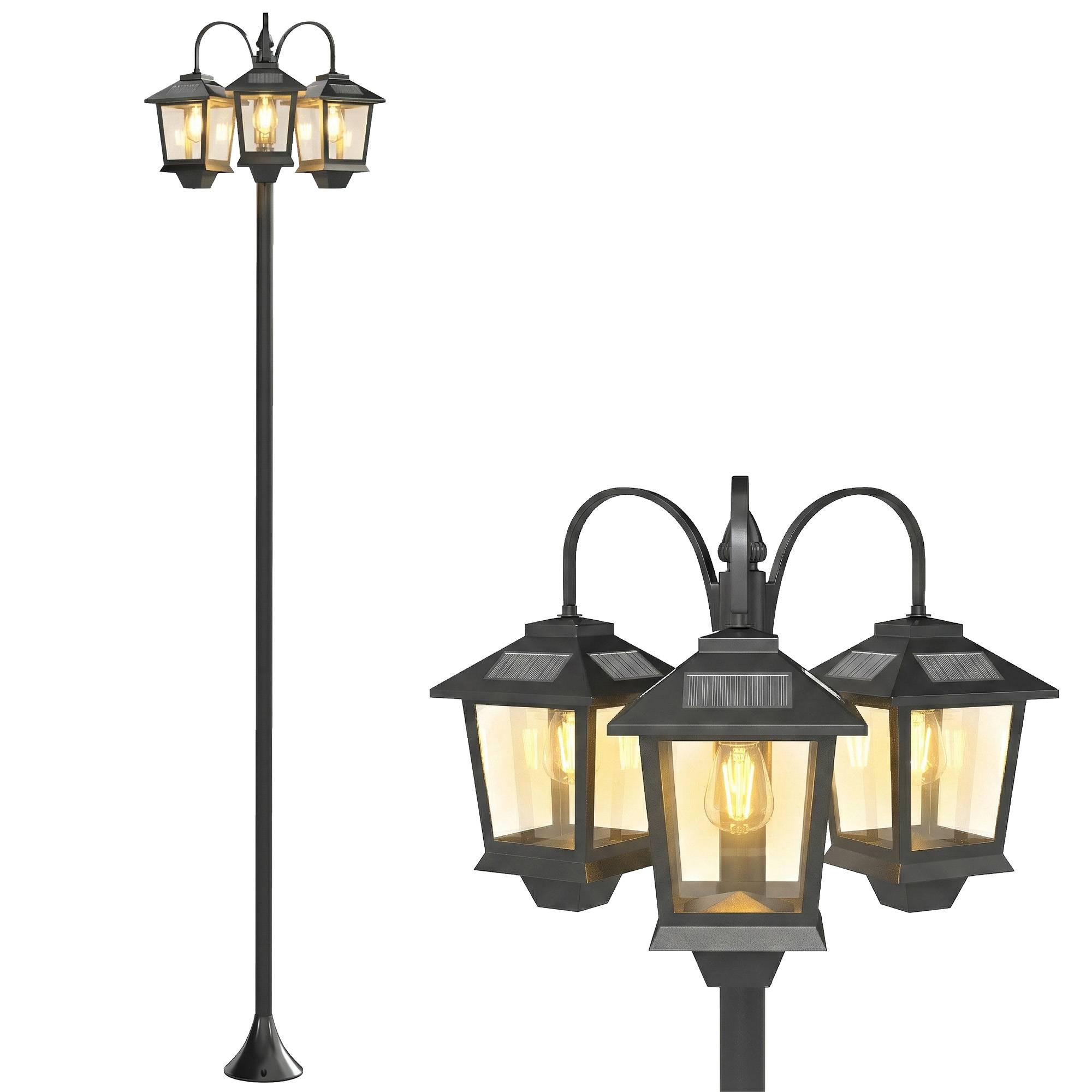 Lampadaire solaire extérieur en aluminium, 3 têtes, allumage/extinction automatique, IP44, 40 x 34,5 x 188 cm, noir - Image 1