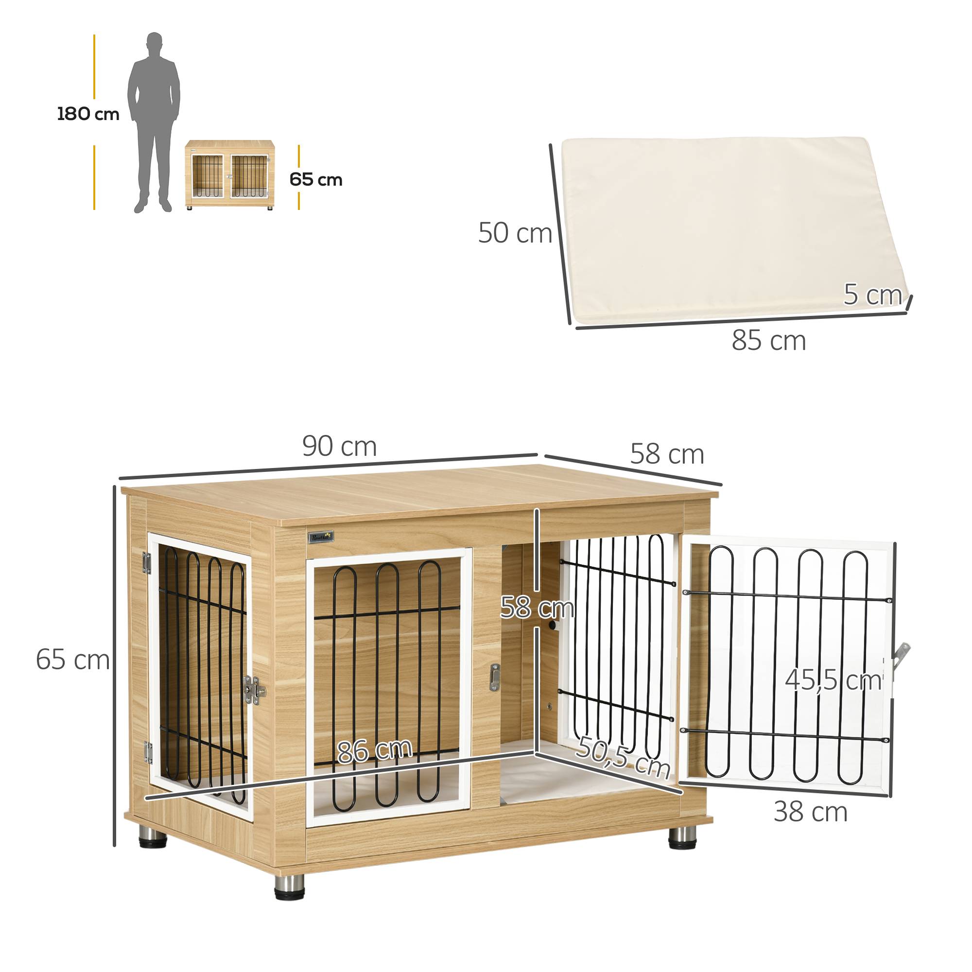 Pawhut - Cage pour chien sur pied - 2 portes verrouillables, coussin déhoussable inclus - acier filaire noir panneaux aspect bois clair - Imagen 3