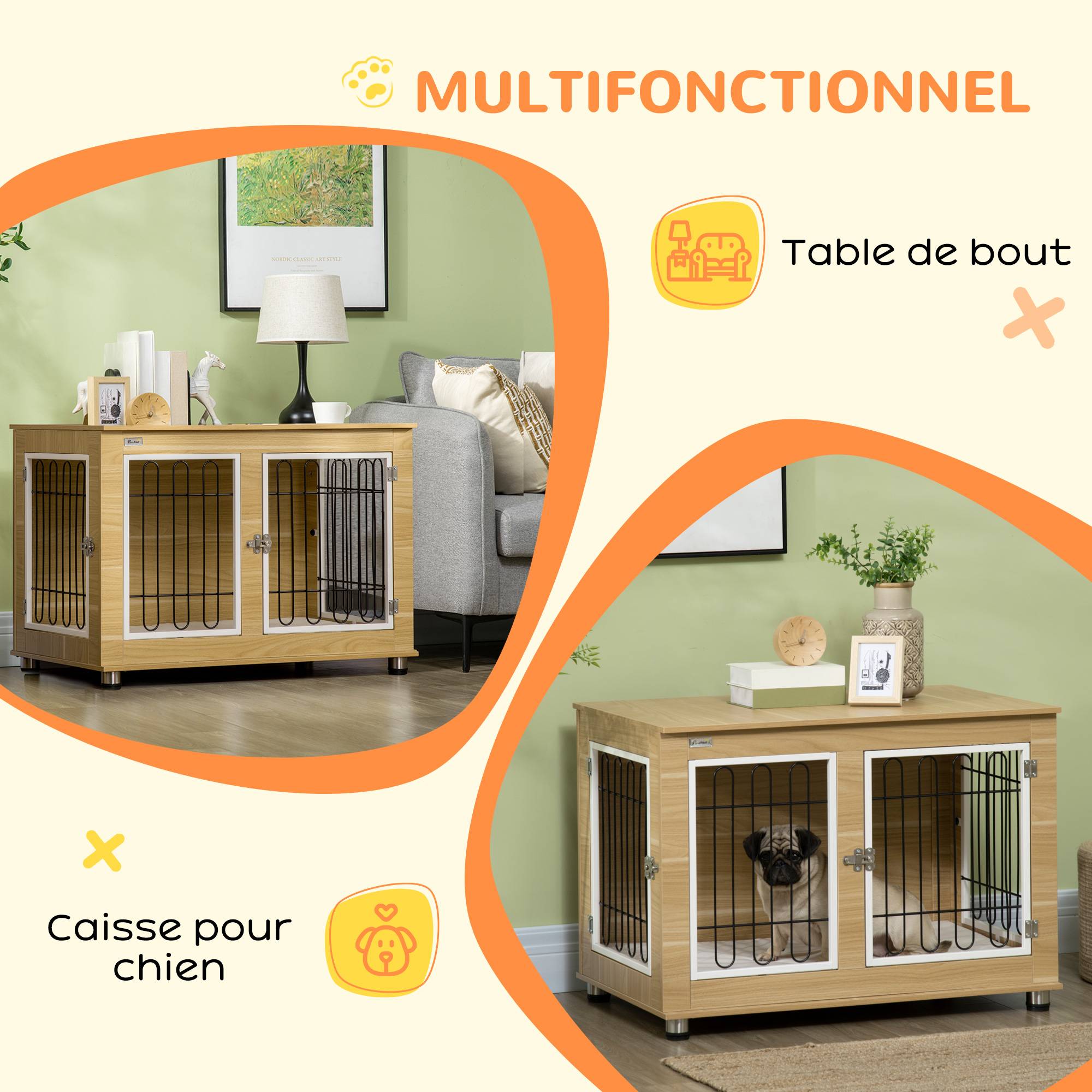 Pawhut - Cage pour chien sur pied - 2 portes verrouillables, coussin déhoussable inclus - acier filaire noir panneaux aspect bois clair - Imagen 5