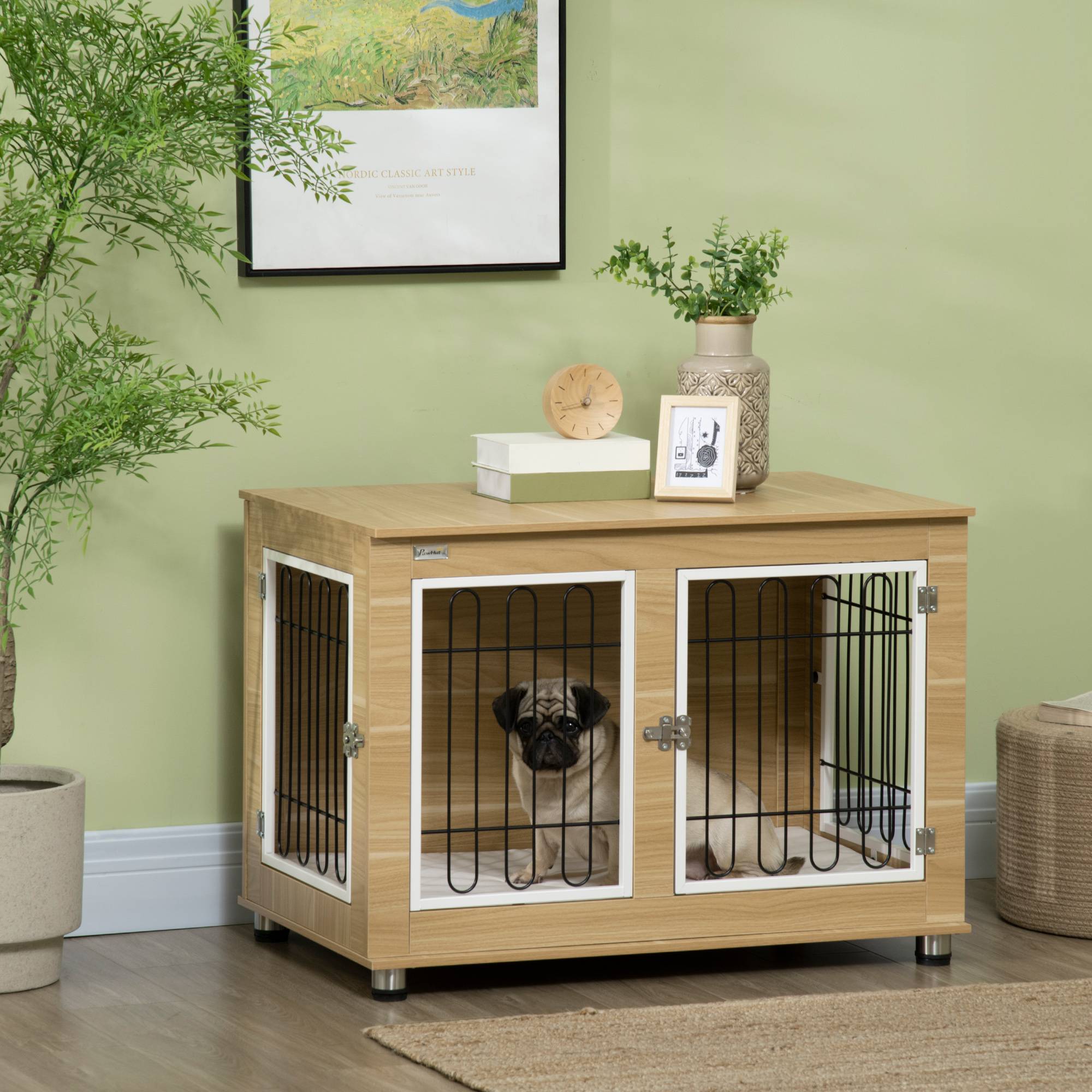 Pawhut - Cage pour chien sur pied - 2 portes verrouillables, coussin déhoussable inclus - acier filaire noir panneaux aspect bois clair - Imagen 2