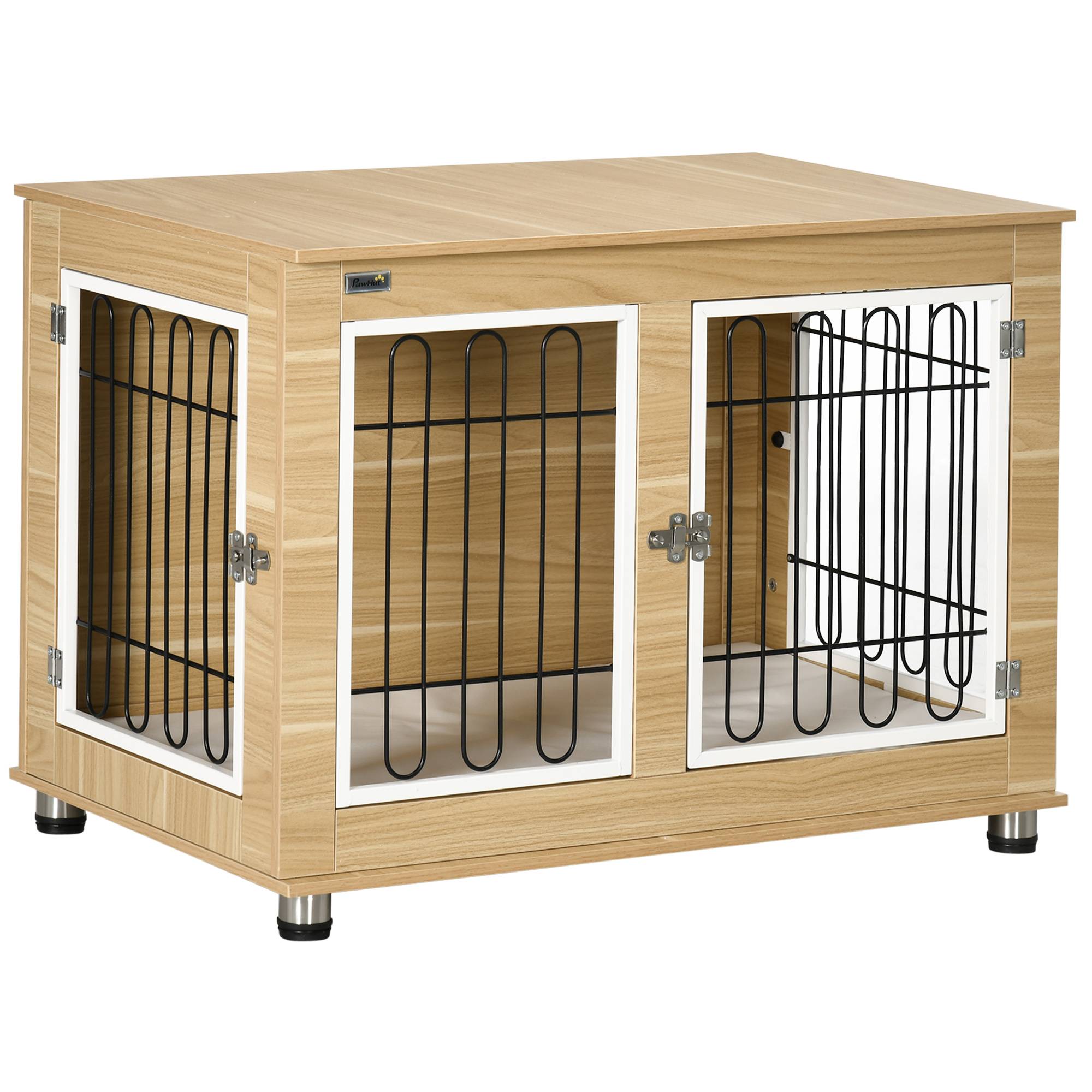 Pawhut - Cage pour chien sur pied - 2 portes verrouillables, coussin déhoussable inclus - acier filaire noir panneaux aspect bois clair - Imagen 1