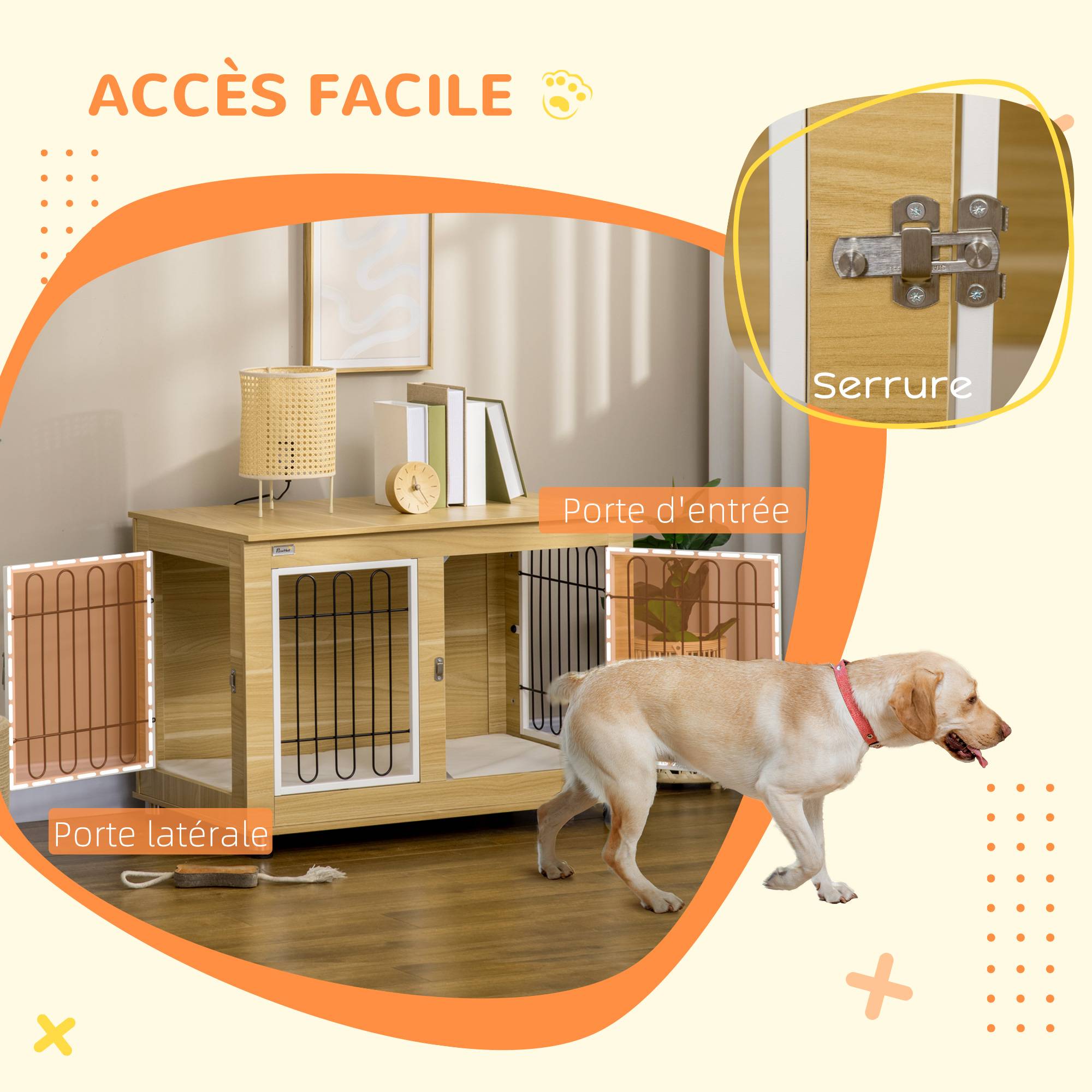 Pawhut - Cage pour chien sur pied - 2 portes verrouillables, coussin déhoussable inclus - acier filaire noir panneaux aspect bois clair - Imagen 6