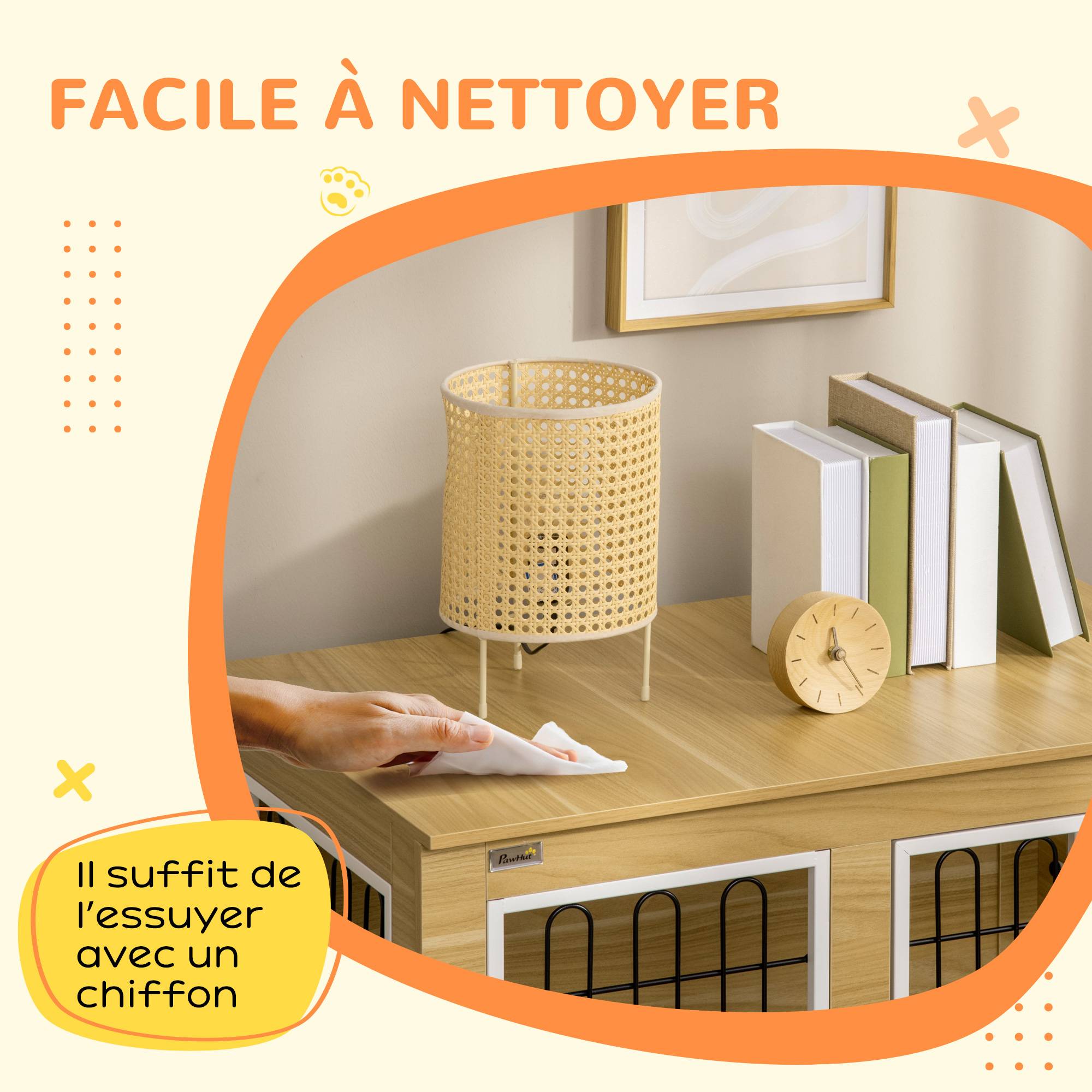 Pawhut - Cage pour chien sur pied - 2 portes verrouillables, coussin déhoussable inclus - acier filaire noir panneaux aspect bois clair - Imagen 7