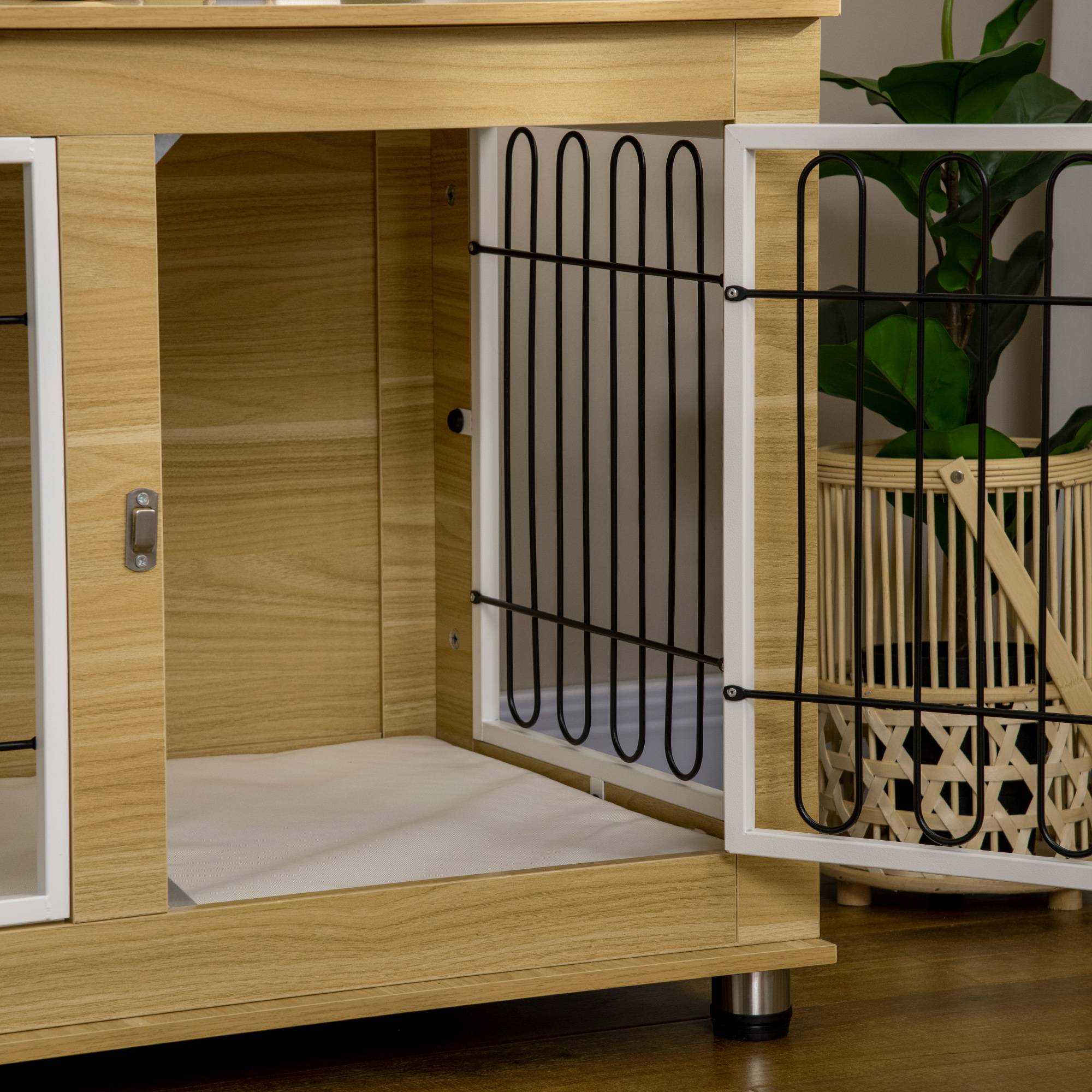 Pawhut - Cage pour chien sur pied - 2 portes verrouillables, coussin déhoussable inclus - acier filaire noir panneaux aspect bois clair - Imagen 8