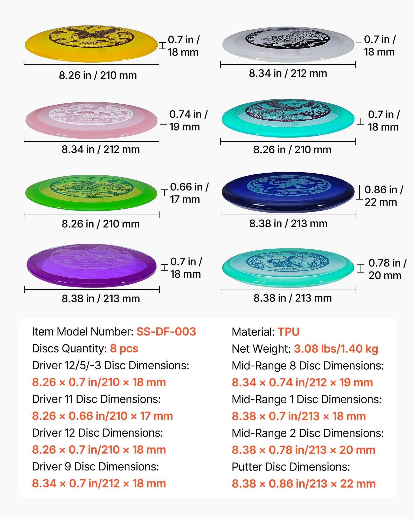 Vevor - VEVOR Ensemble disc golf 8 disques, drivers milieu de gamme et putter, TPU durable, idéal plage et parc. - Image 6
