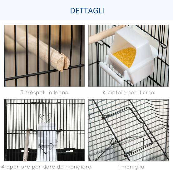 Cage pour oiseaux en métal et plastique avec perchoirs, balançoire et gamelles, 46,5x35,5x92 cm, noire - Image 6