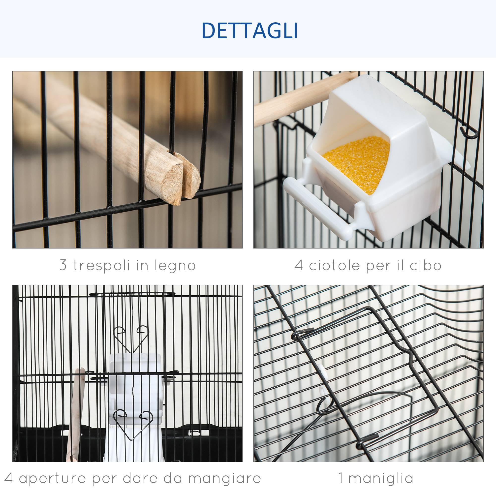 Cage pour oiseaux en métal et plastique avec perchoirs, balançoire et gamelles, 46,5x35,5x92 cm, noire - Image 6